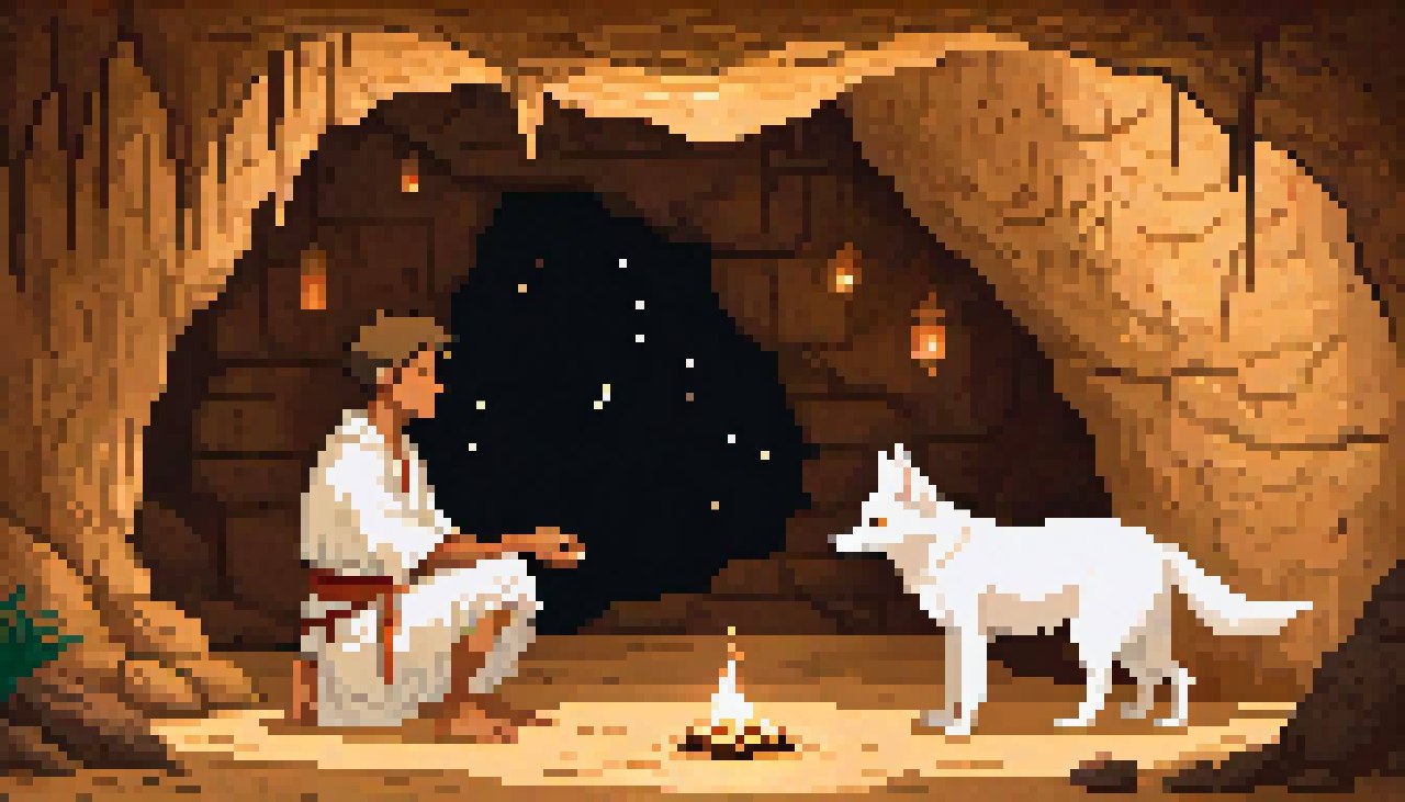Pixel art — a builder and companion by firelight in a cave